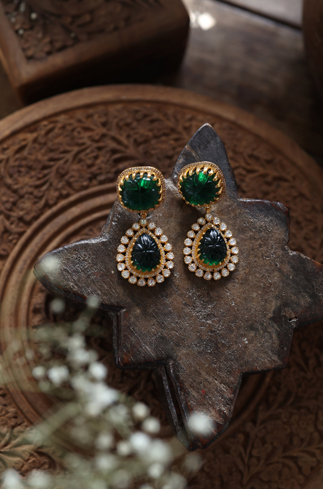 Eilla Green Polki Silver Earrings