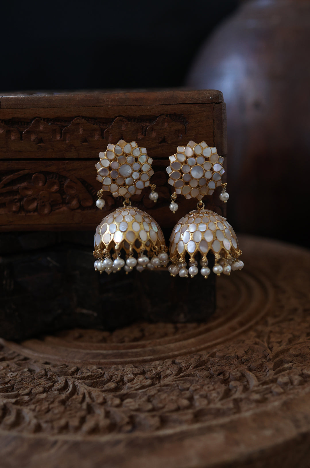 Ekani Mother of Pearl Jhumka Earrings