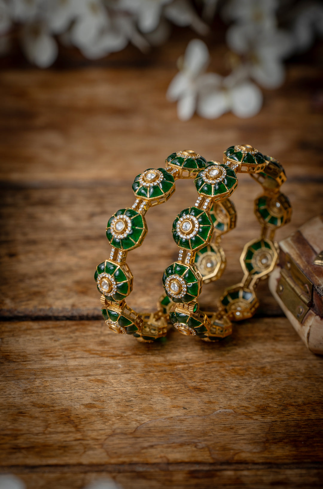 Radhya Green Floral Polki Bangles - Set of 2