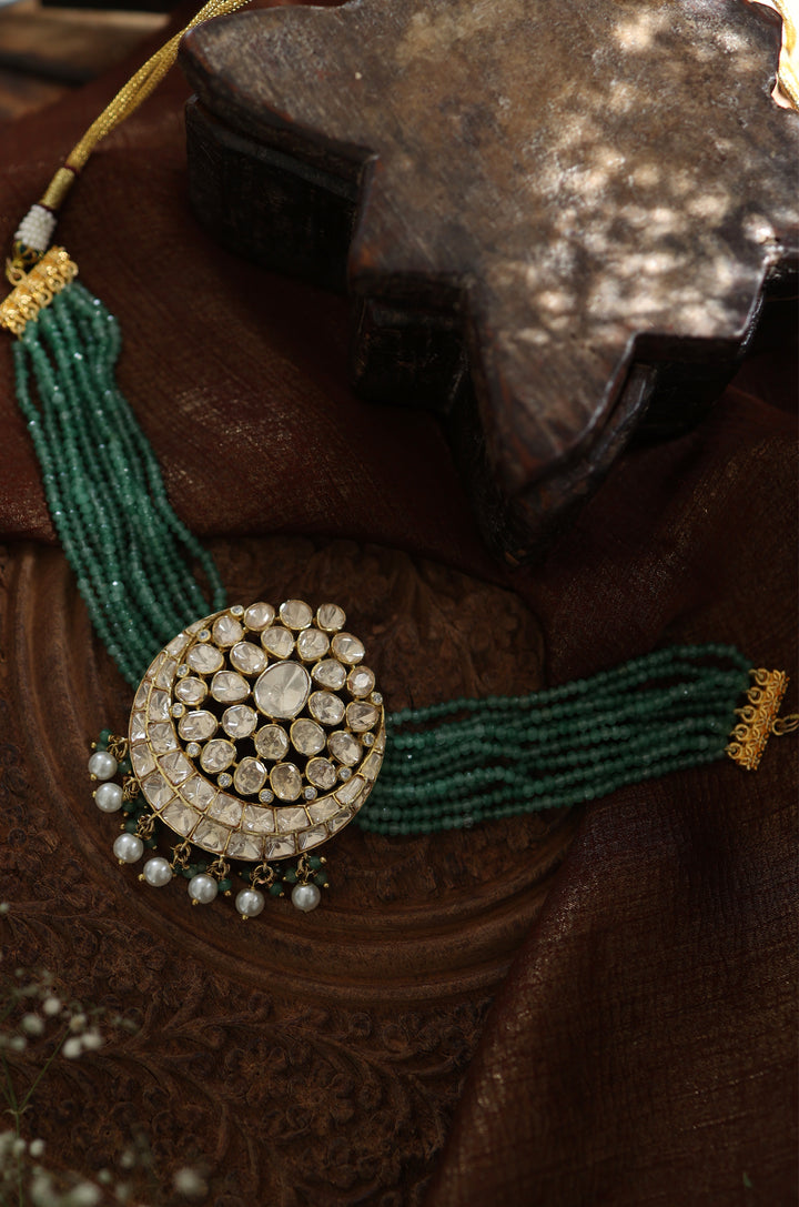 Vrinda Green Silver Polki Necklace