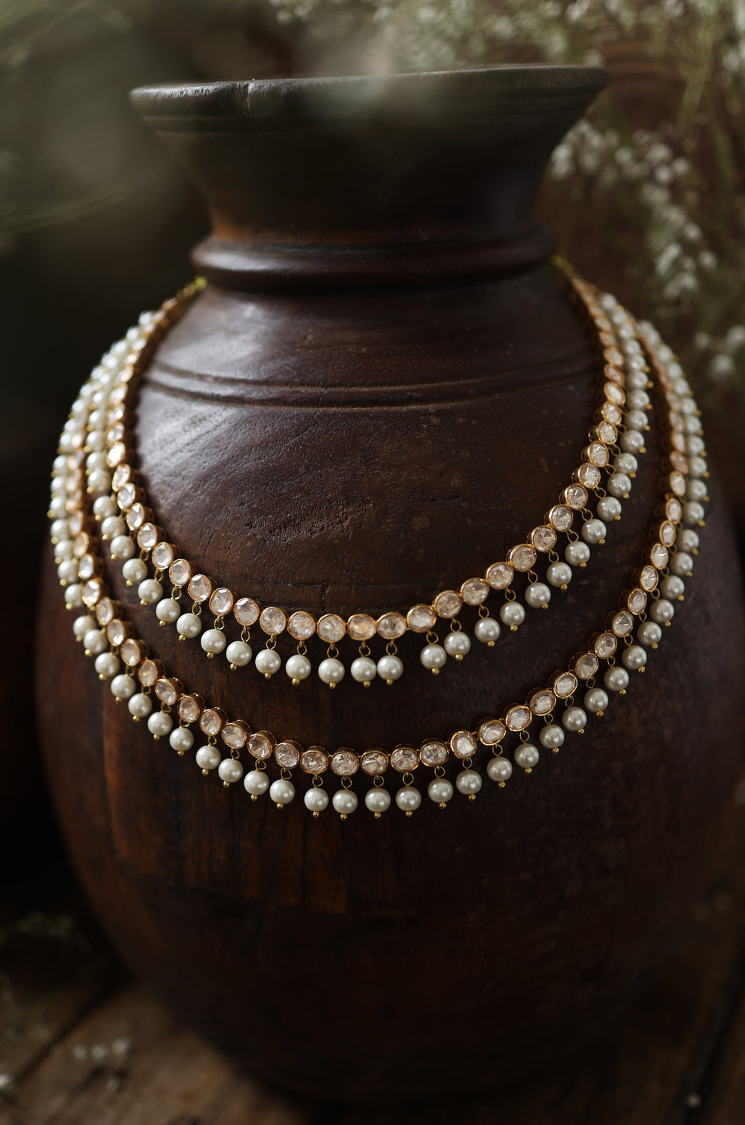 Arika Polki And Pearls Silver Necklace