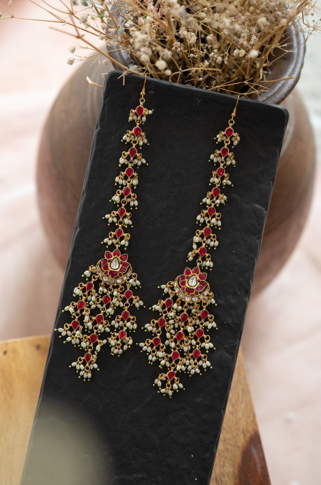 Reet Pink Kundan And Pearls Earrings
