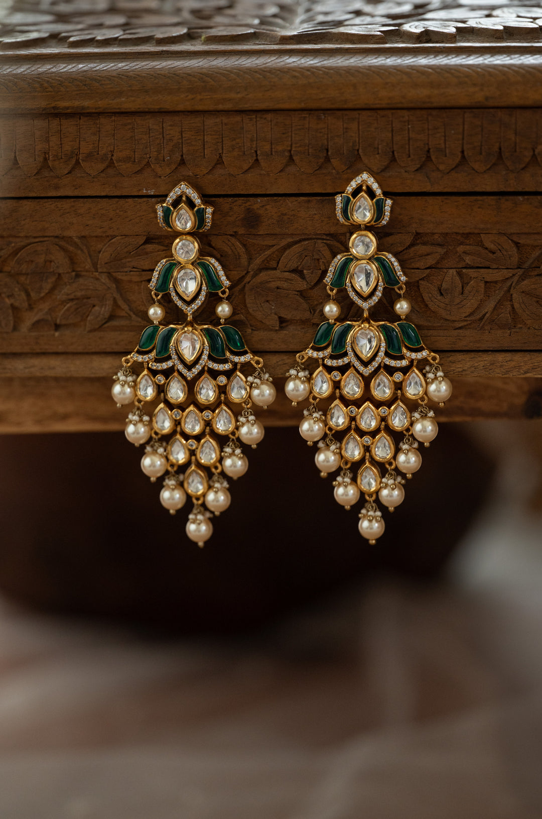 Zarika Green Polki Chandeliers Earrings