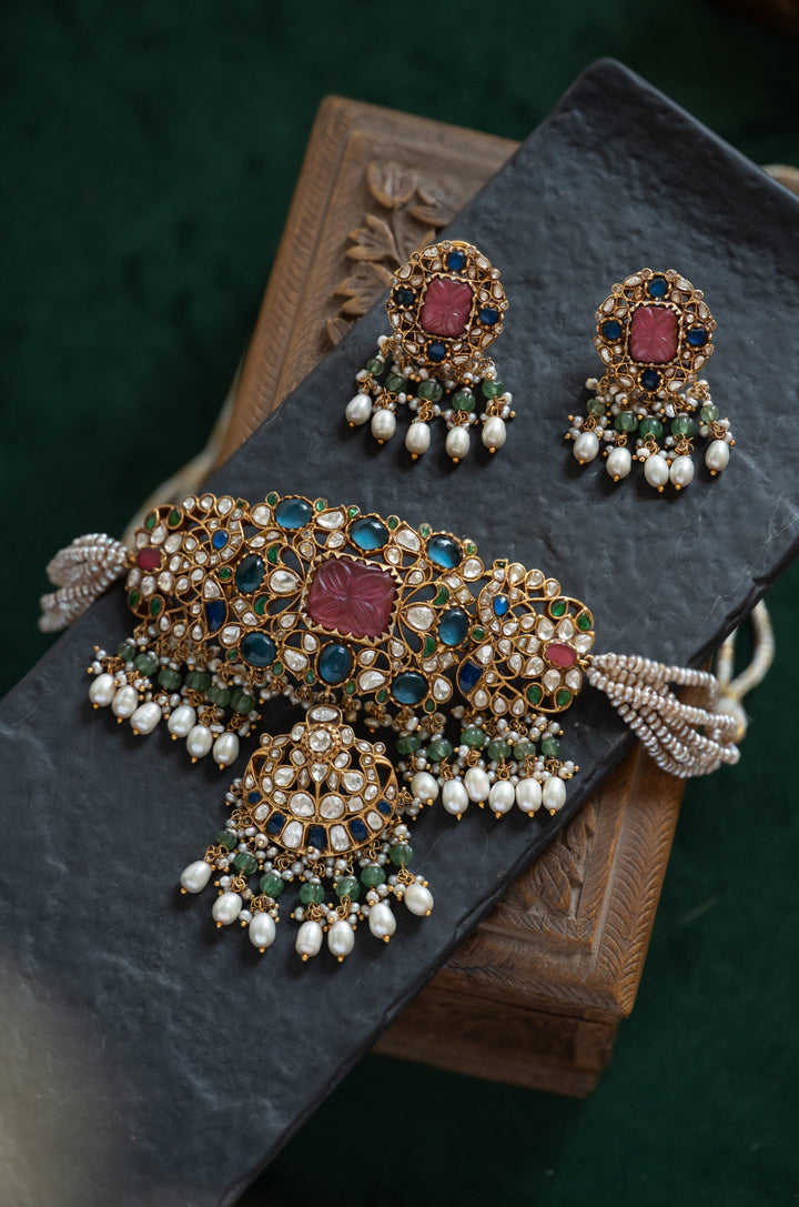 Mehrunnisa Pink Kundan Silver Necklace Set