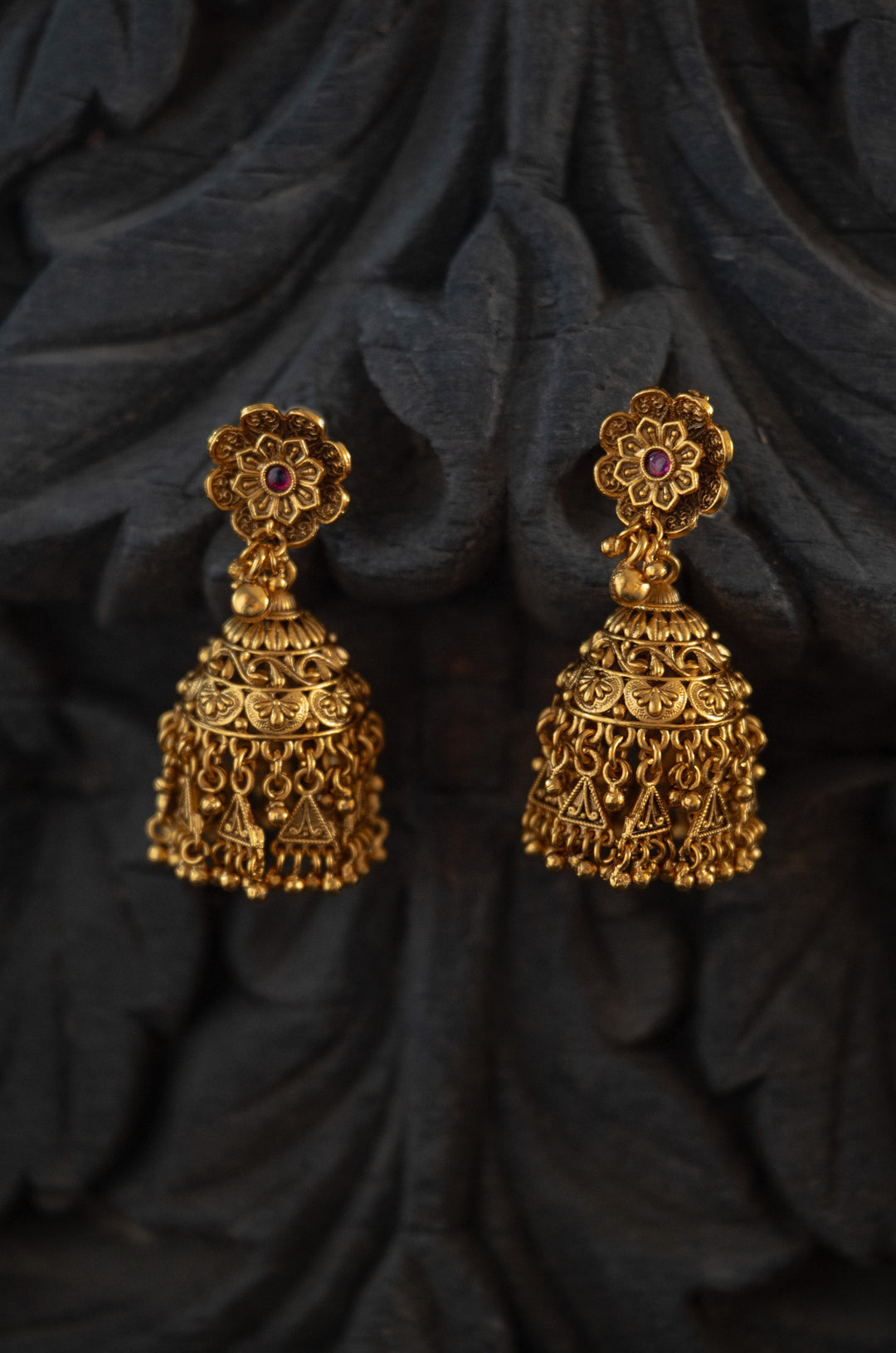 Sanjh Temple Work Jhumka Earrings