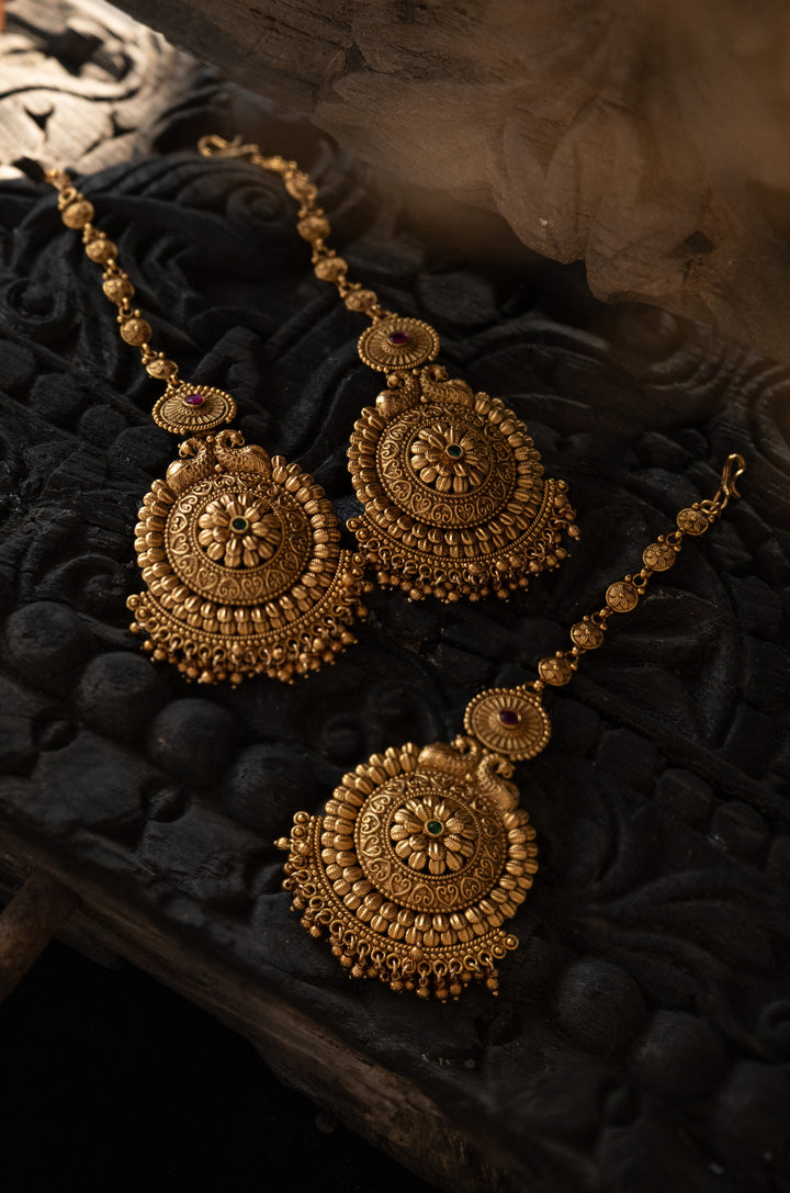 Saraswati Temple Earrings And Maangtikka Set