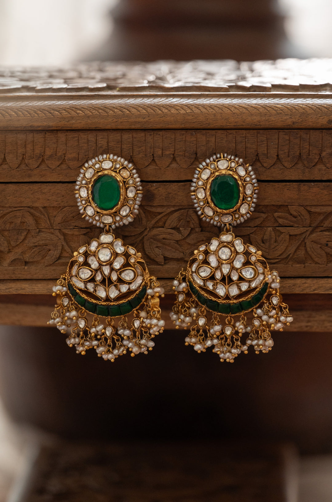 Arunima Green Silver Polki Earrings