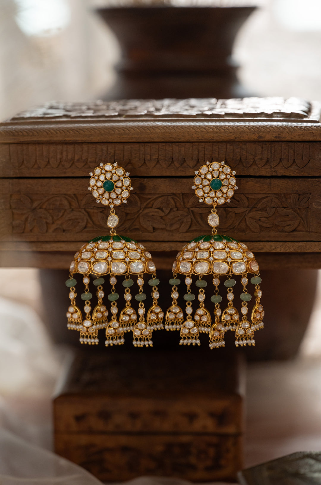 Anjulika Green Silver Polki Earrings