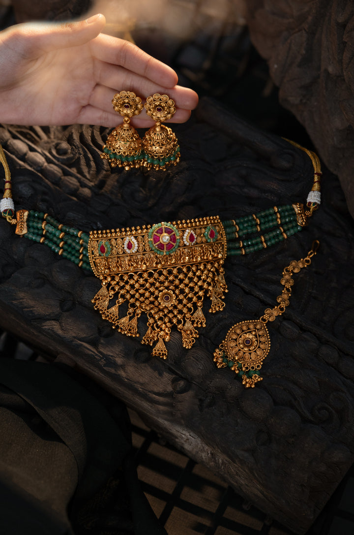 Wamika Green Temple Work Necklace Set