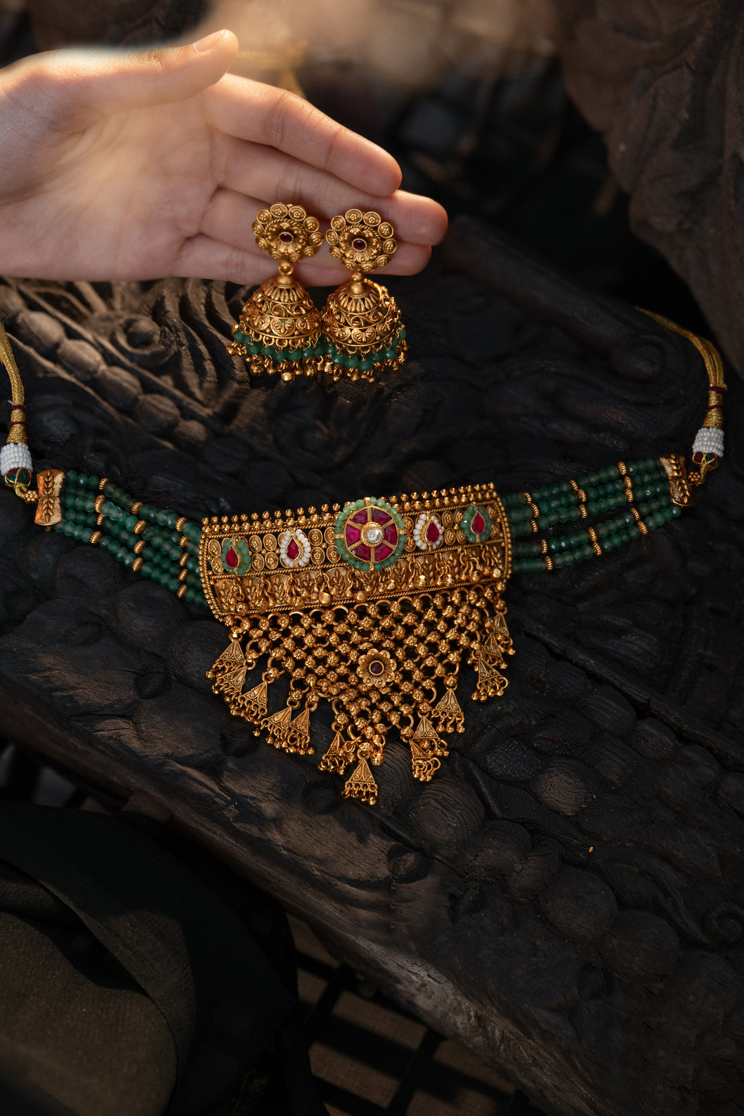 Wamika Green Temple Work Necklace Set
