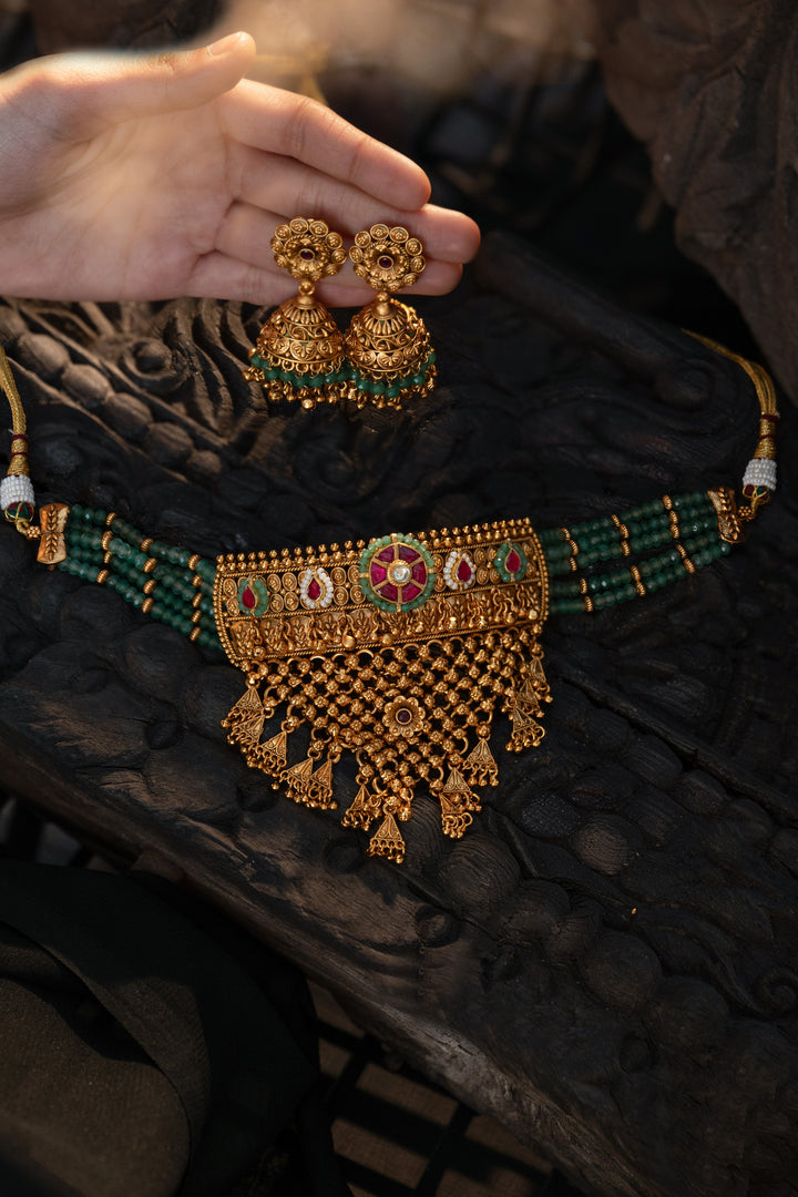 Wamika Green Temple Work Necklace Set