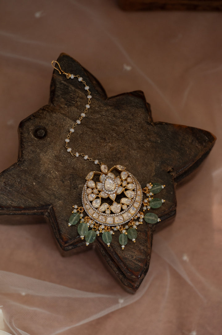 Mahnoor Mint Silver Polki Maangtikka