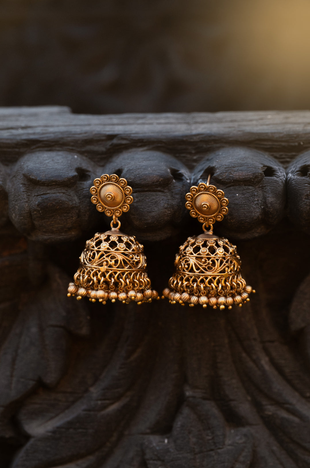 Dhara Temple Work Jhumka Earrings