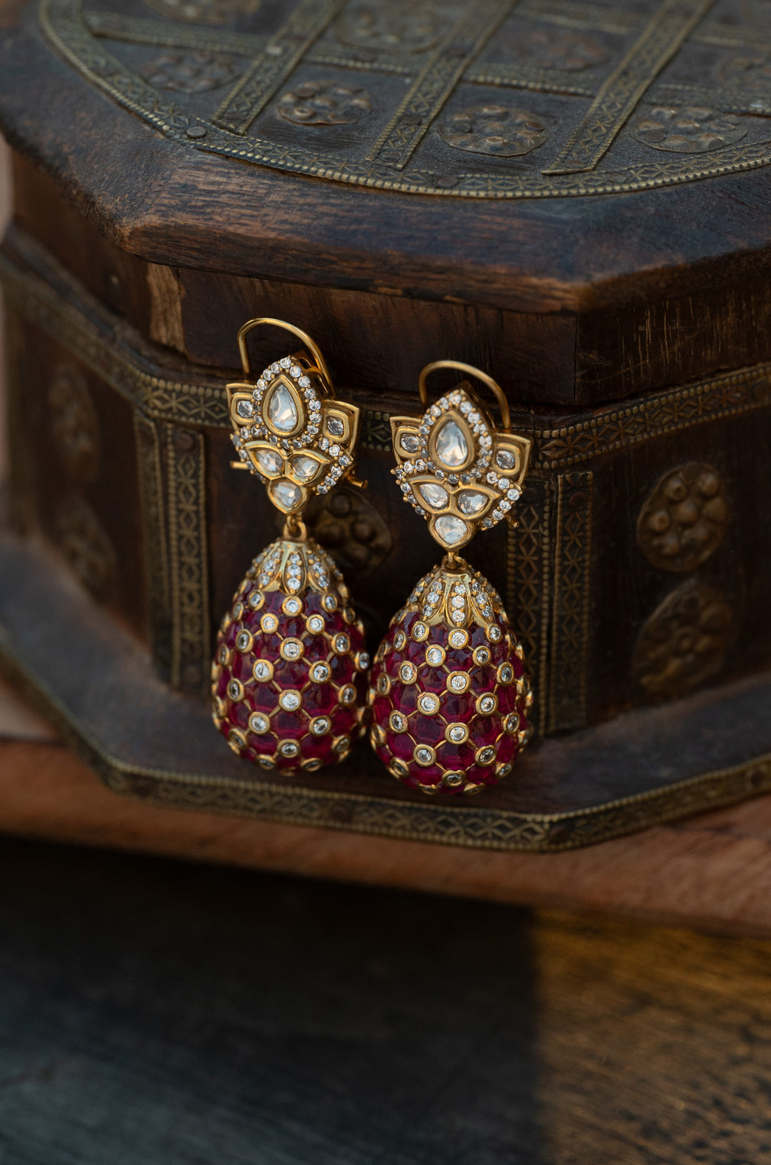 Crimson Polki Drop Earrings