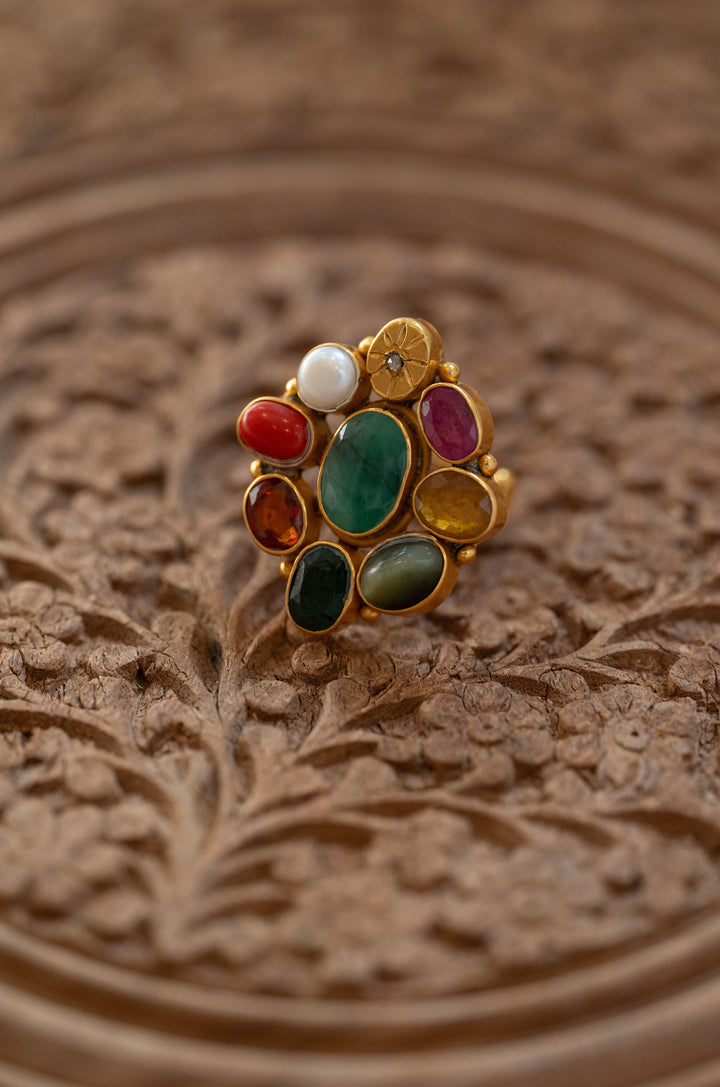 Rupasi Navrattan Floral Silver Ring