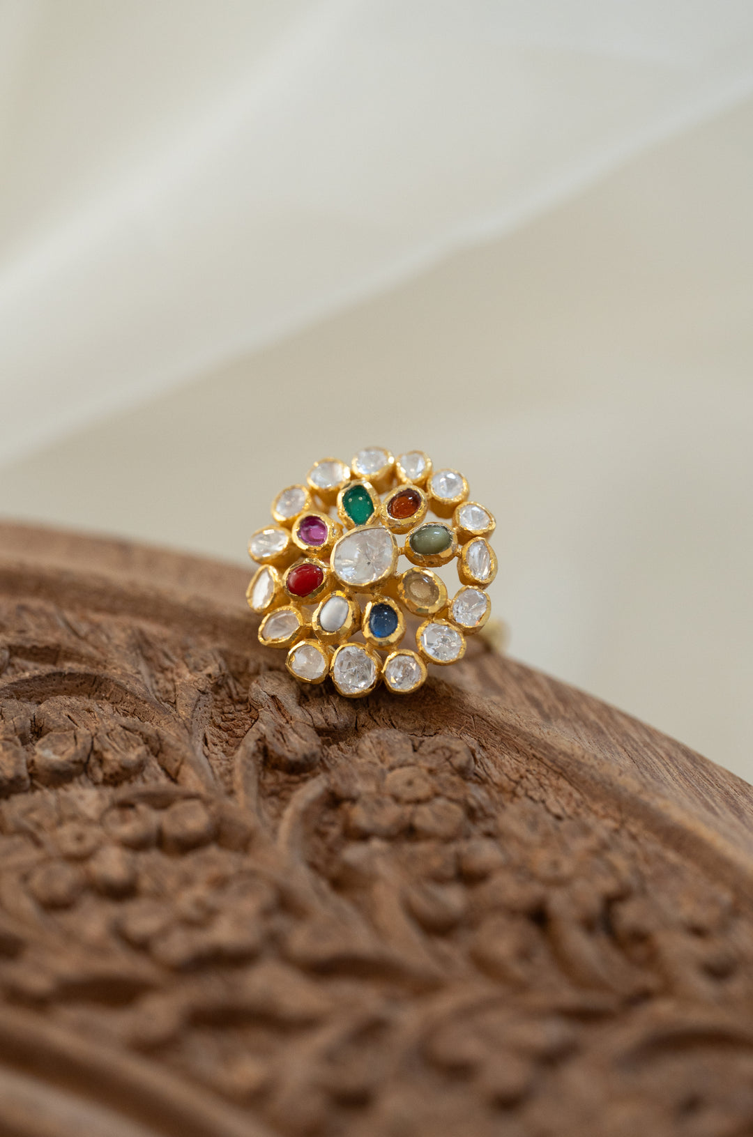 Gazala Navrattan Polki Silver Ring