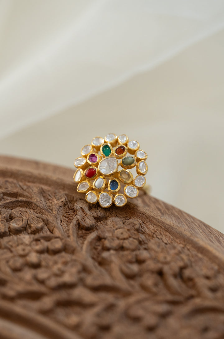 Gazala Navrattan Polki Silver Ring