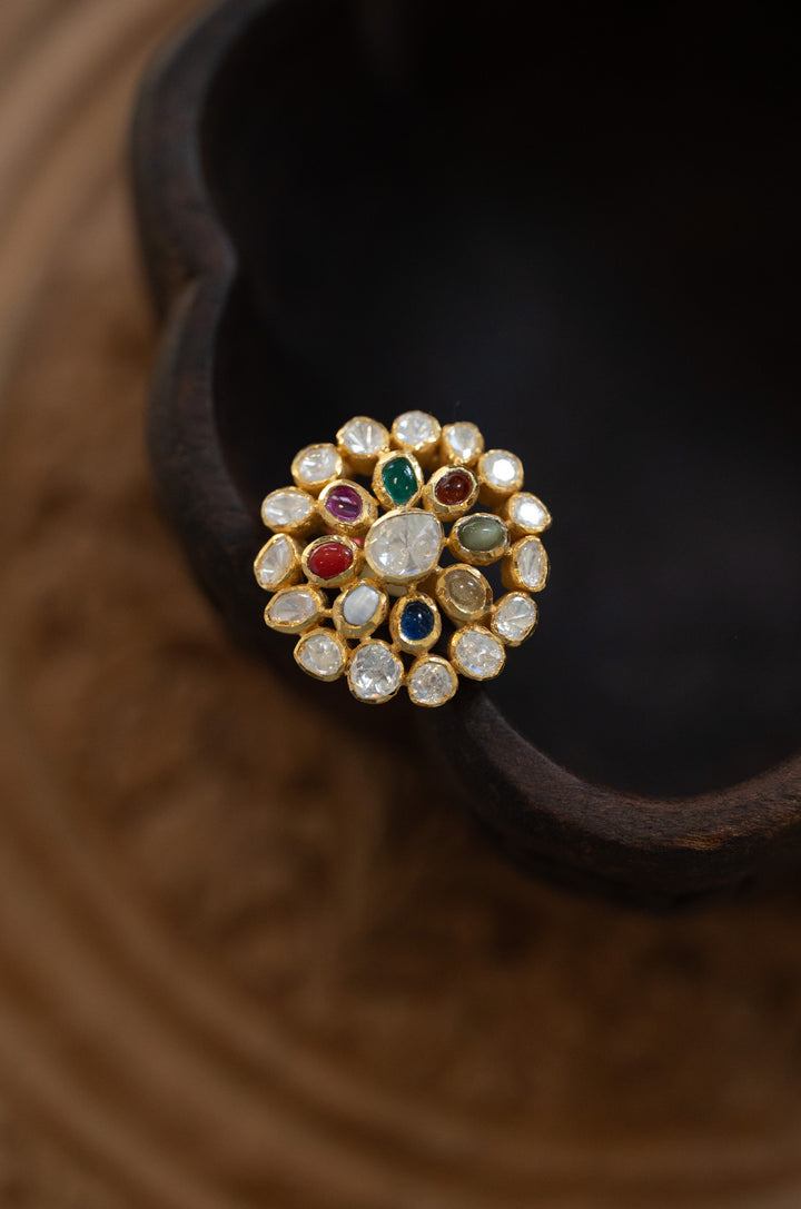 Gazala Navrattan Polki Silver Ring