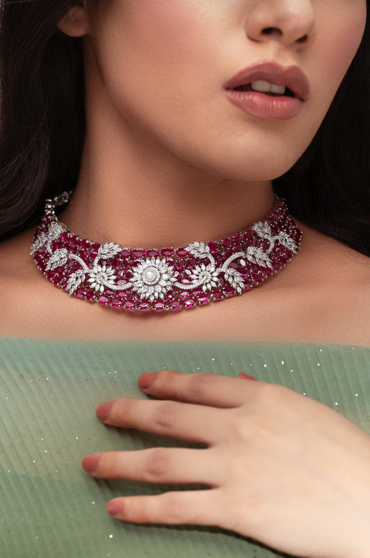 Remi Ruby Red Faux Diamond Necklace Set