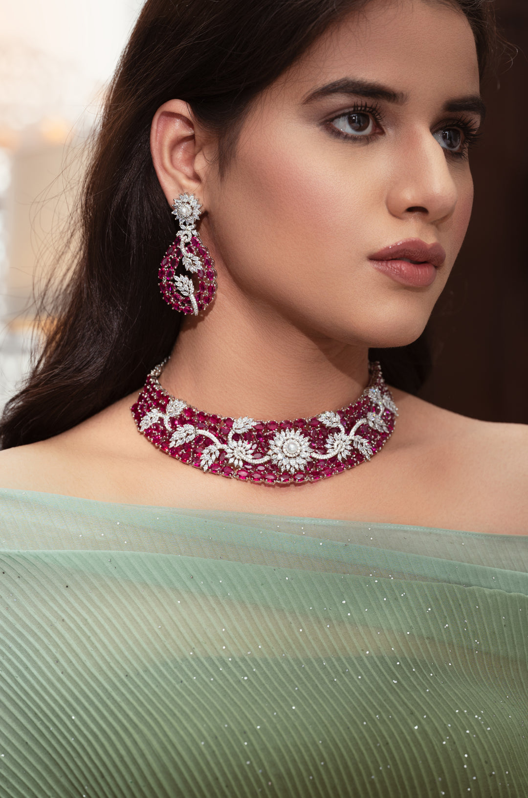 Remi Ruby Red Faux Diamond Necklace Set