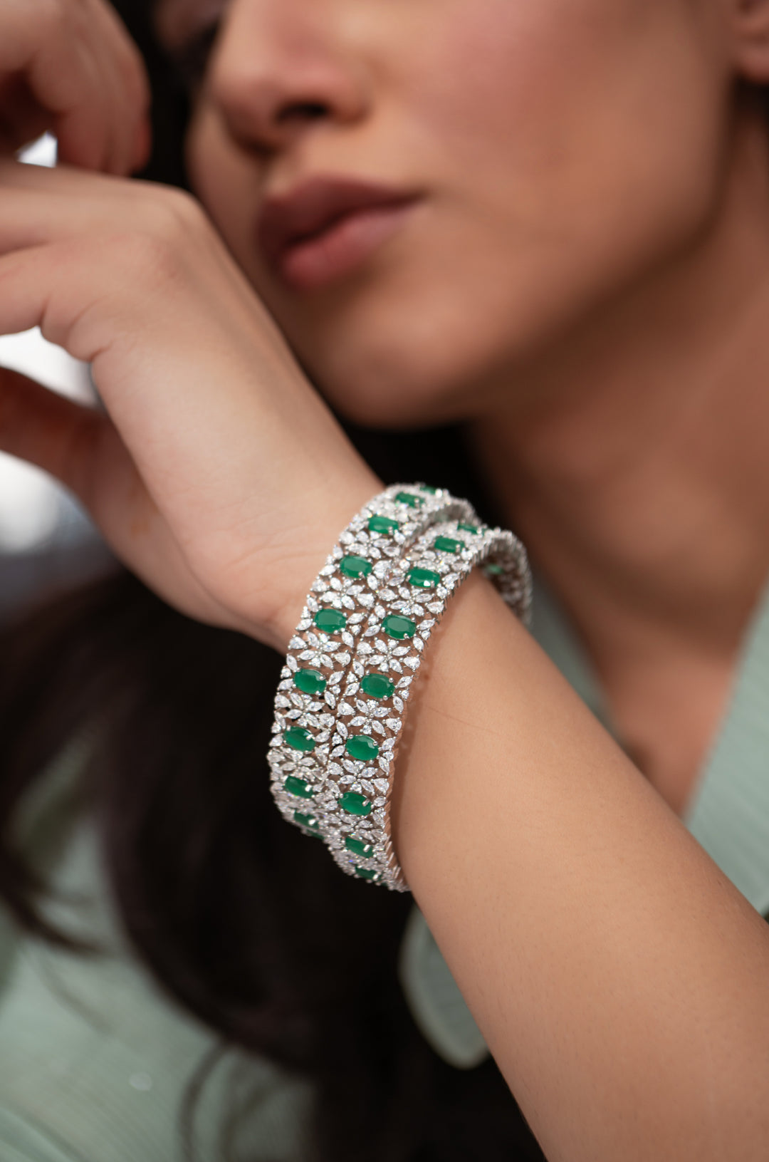 Lainey Green Faux Diamond Bangles- Set Of 2