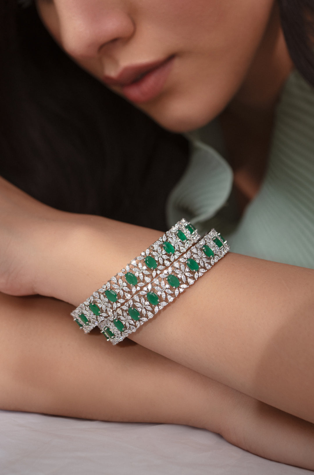 Lainey Green Faux Diamond Bangles- Set Of 2