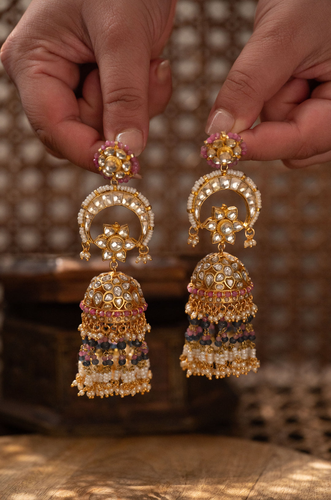 Pankh Pink Kundan Jhumka Earrings