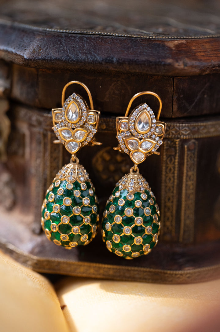 Crimson Green Polki Drop Earrings