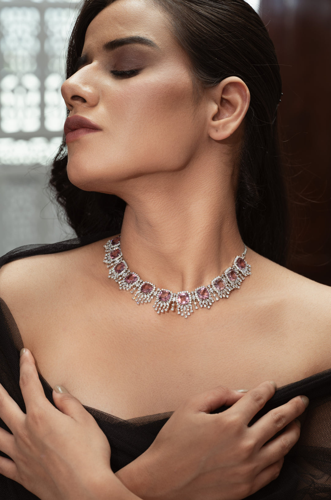 Nikki Faux Diamond and Rhodolite Crystals Necklace Set