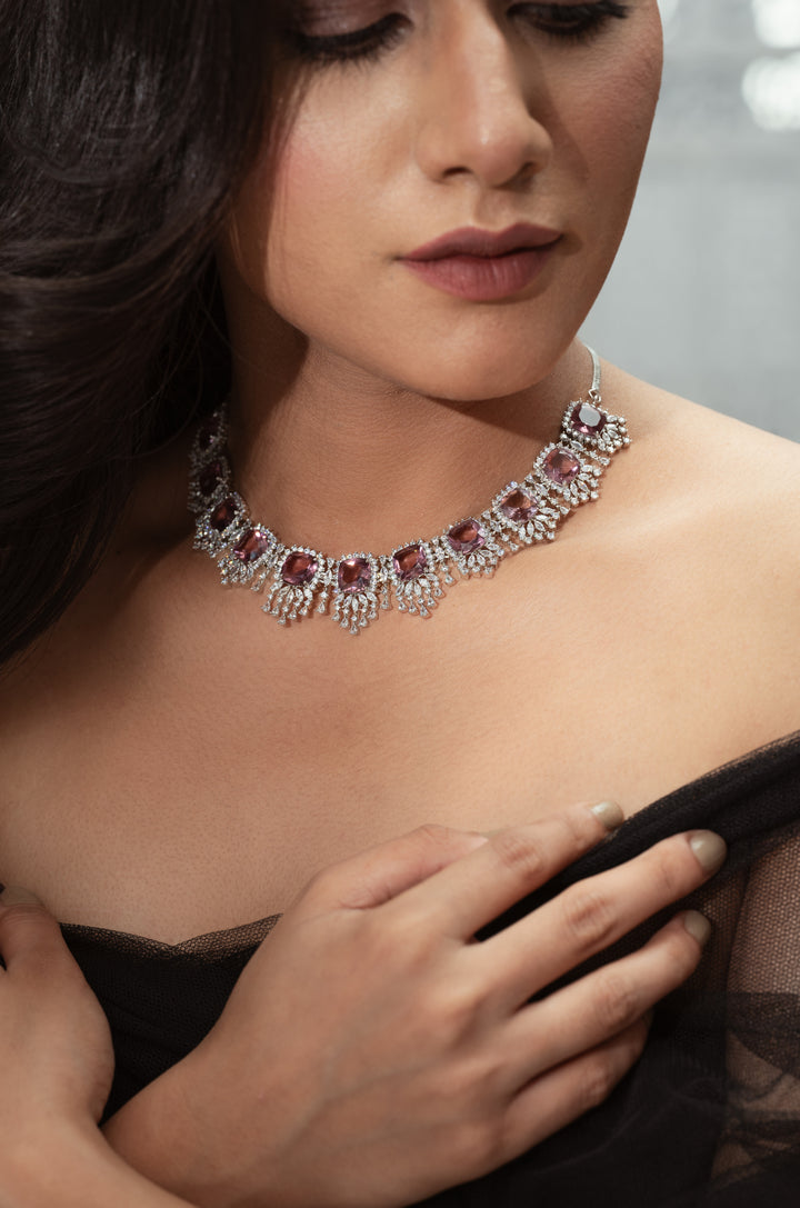 Nikki Faux Diamond and Rhodolite Crystals Necklace Set