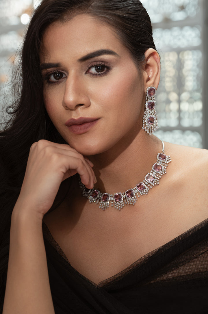 Nikki Faux Diamond and Rhodolite Crystals Necklace Set