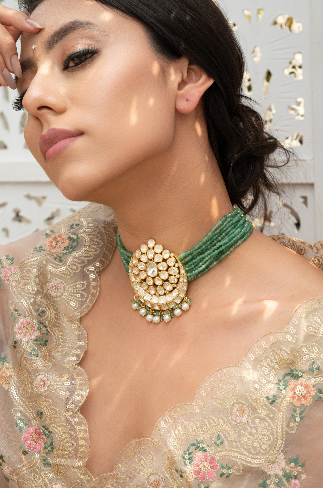 Vrinda Green Silver Polki Necklace