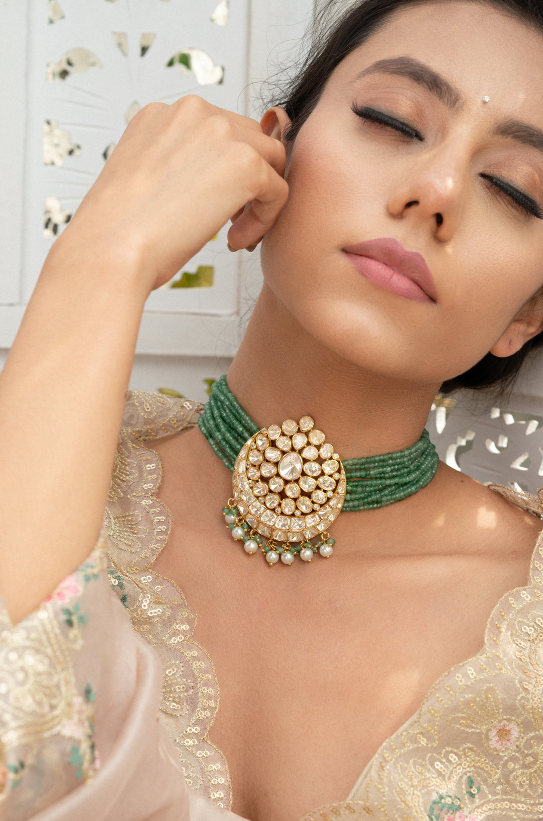 Vrinda Green Silver Polki Necklace