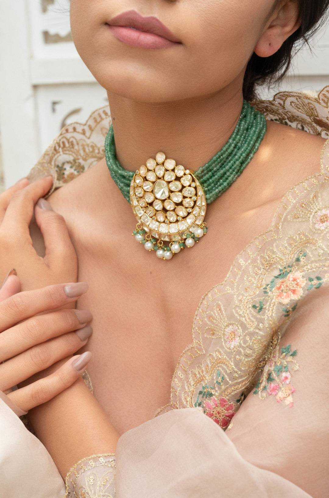 Vrinda Green Silver Polki Necklace