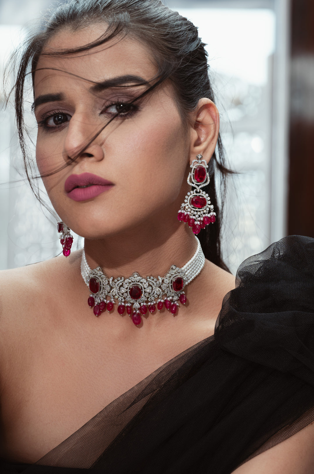 Ella Red Pearl Choker Necklace Set