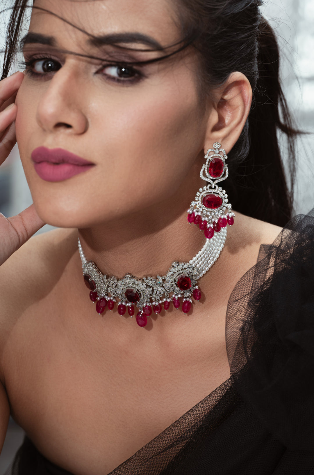 Ella Red Pearl Choker Necklace Set