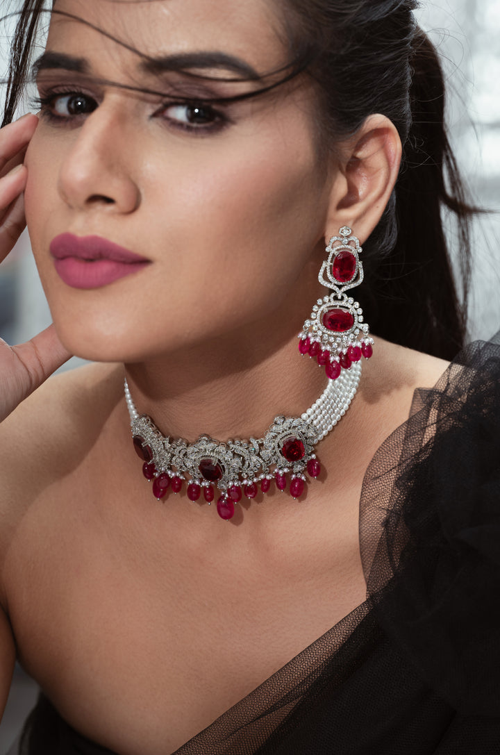 Ella Red Pearl Choker Necklace Set