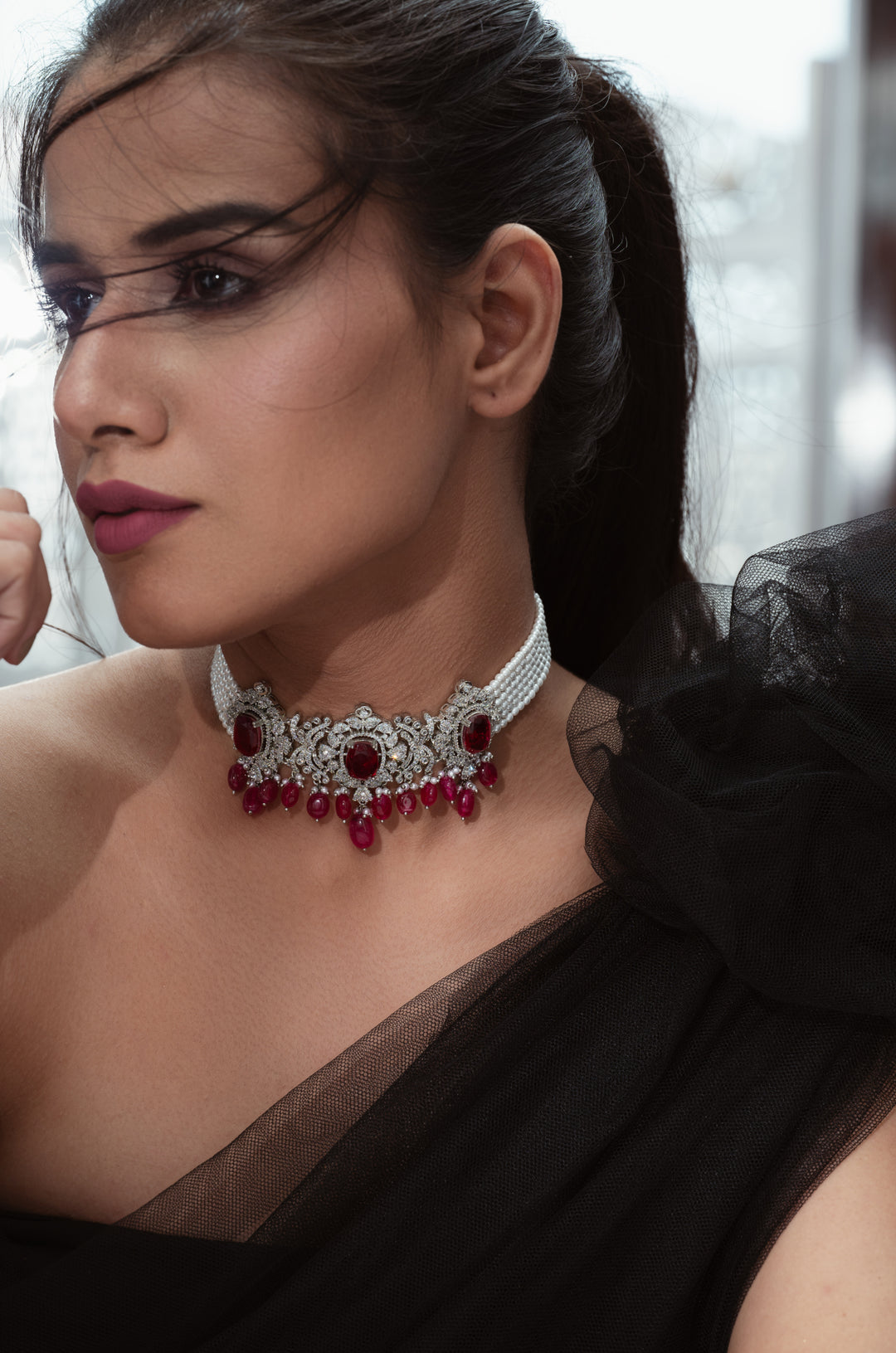 Ella Red Pearl Choker Necklace Set