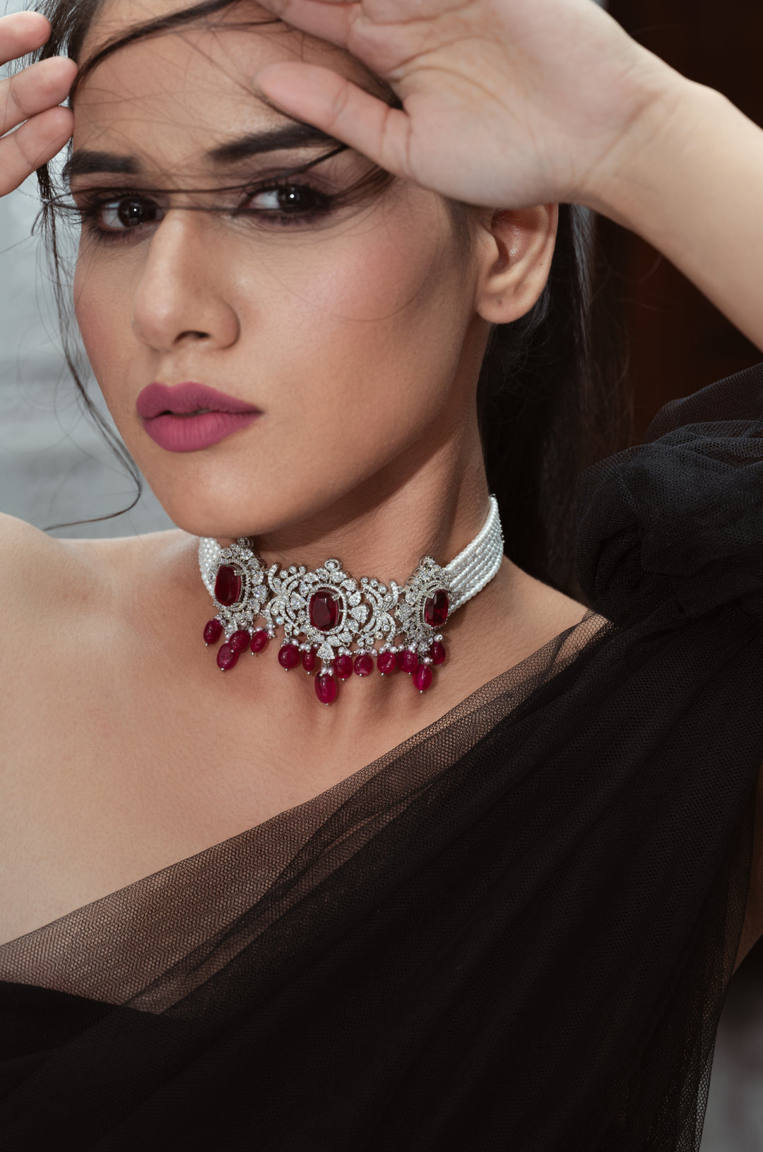 Ella Red Pearl Choker Necklace Set