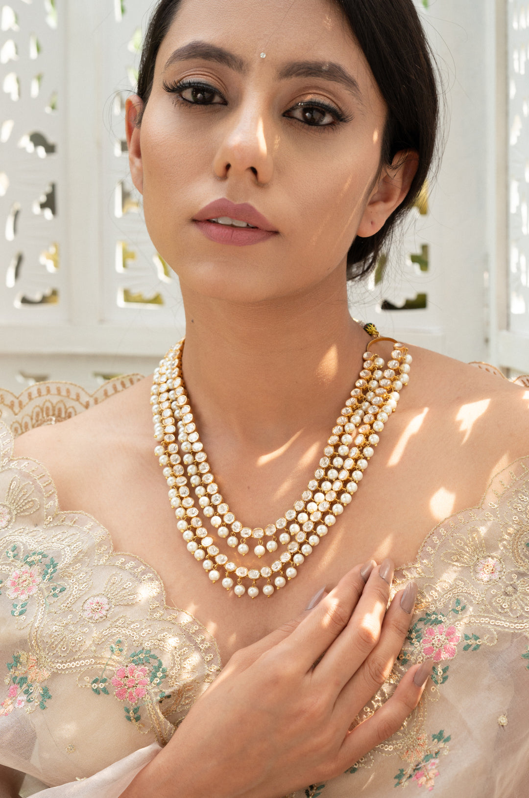 Arika Polki And Pearls Silver Necklace