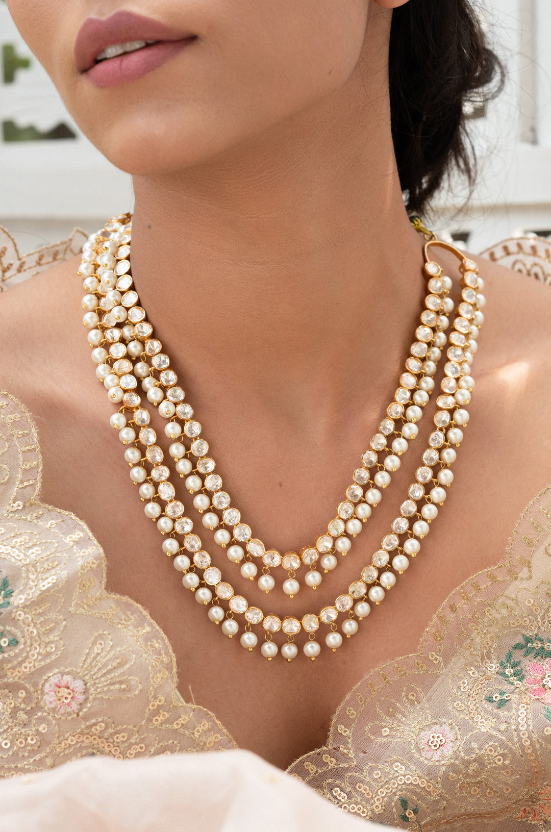 Arika Polki And Pearls Silver Necklace