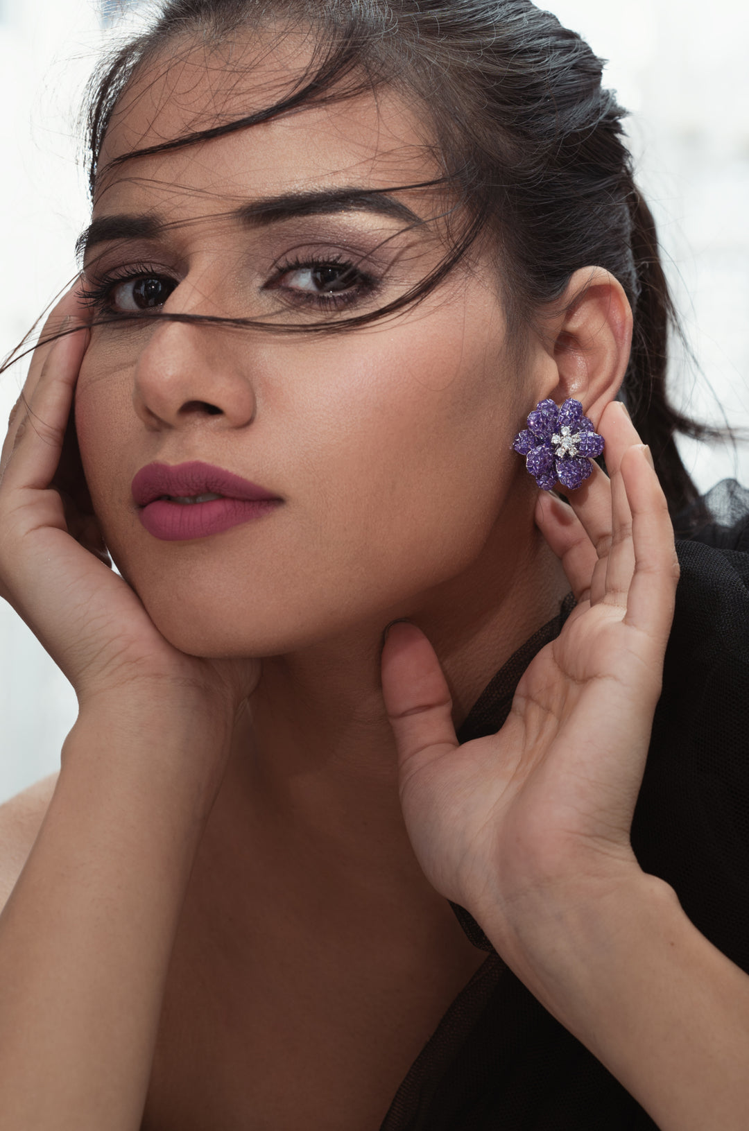 Rose Purple Faux Diamond Earrings