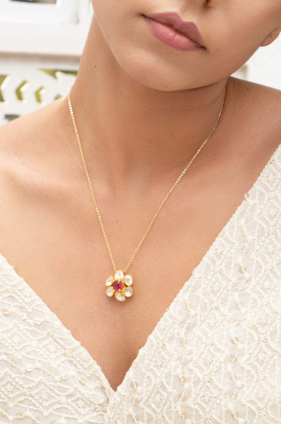 Sharvi Silver Polki Pendant Necklace