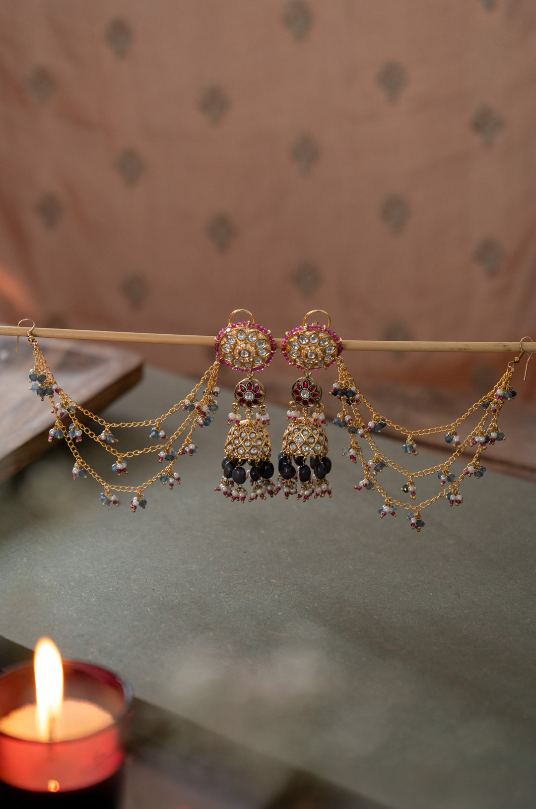 Pari Kundan Jhumka Earrings With Hair Chain