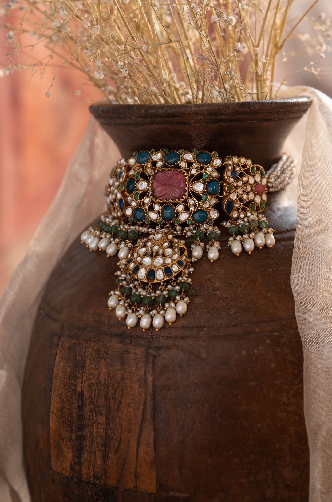 Mehrunnisa Pink Kundan Silver Necklace Set