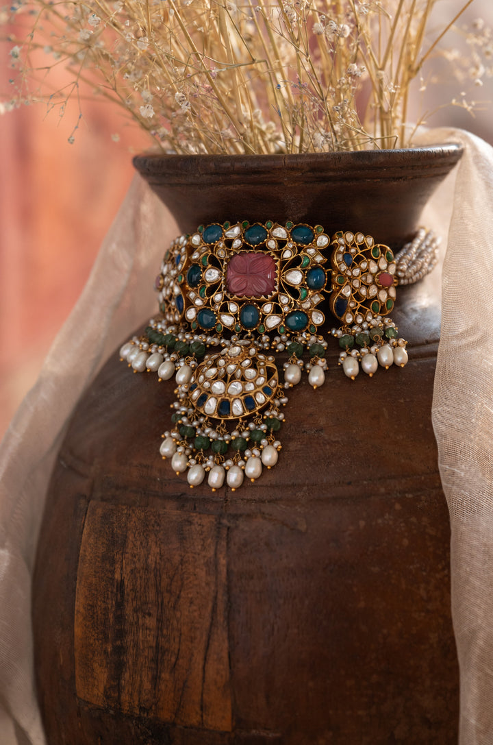 Mehrunnisa Pink Kundan Silver Necklace Set