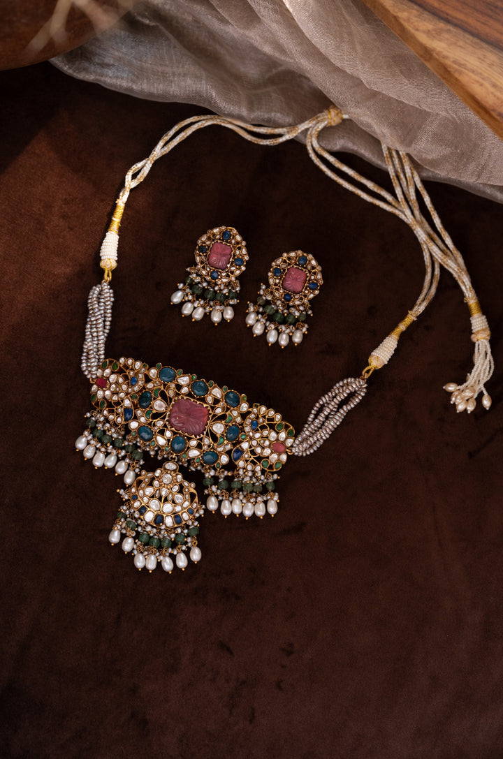Mehrunnisa Pink Kundan Silver Necklace Set