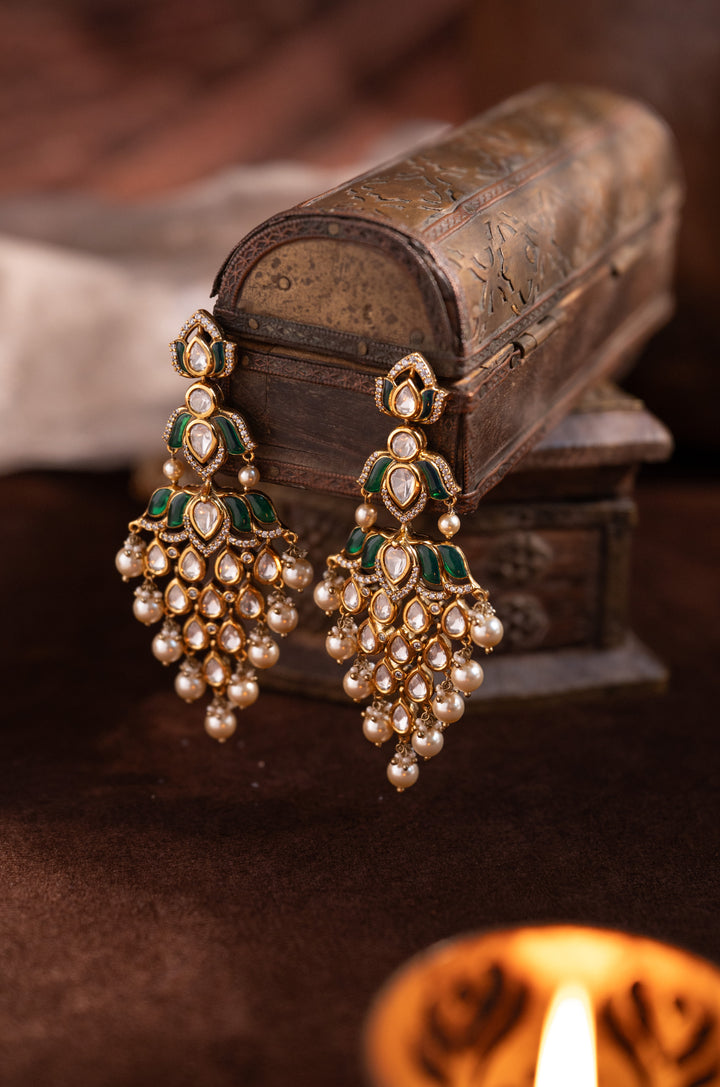 Zarika Green Polki Chandeliers Earrings