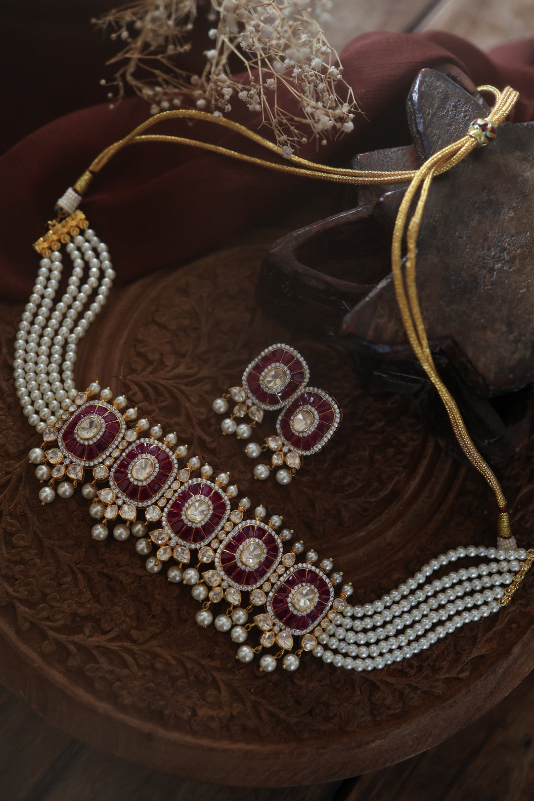 Jahzara Pink Polki Silver Necklace Set