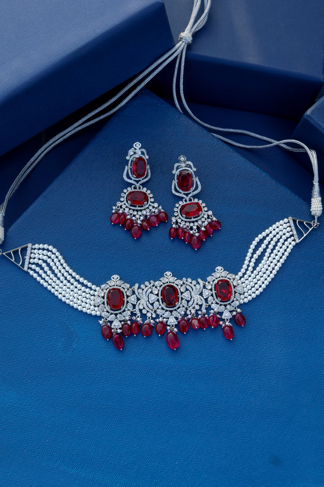 Ella Red Pearl Choker Necklace Set